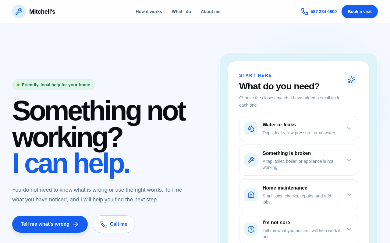 Mitchell's homepage on desktop: the headline 'Something not working? I can help.' next to a 'What do you need?' panel with four options.