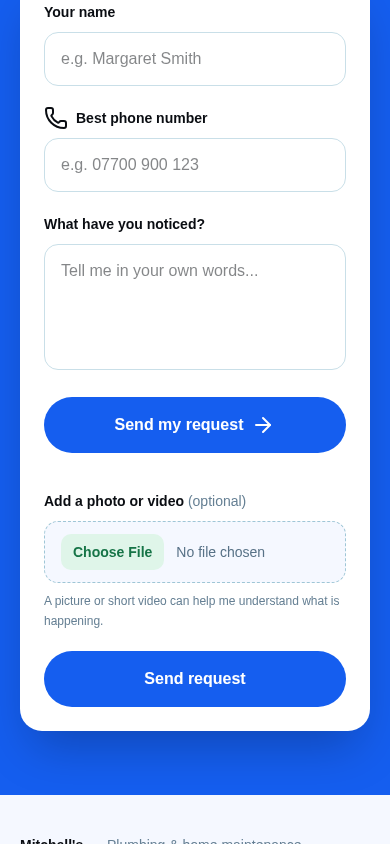 Request form on a phone with name, phone number, what have you noticed, and an optional photo or video.